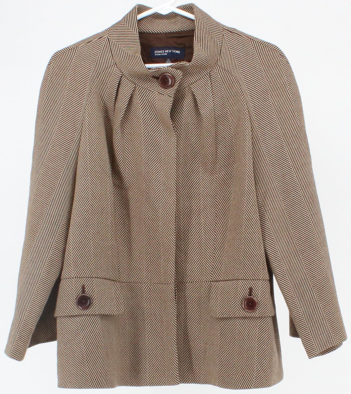 Jones New York Women's Beige Asymmetric Pinstripe Short Wool Coat