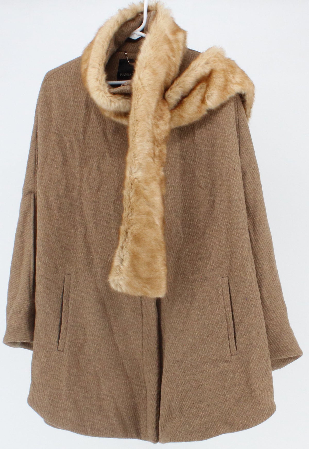 Ivanka Trump Brown Full Zip Women's Wool Coat With Faux Fur Scarf