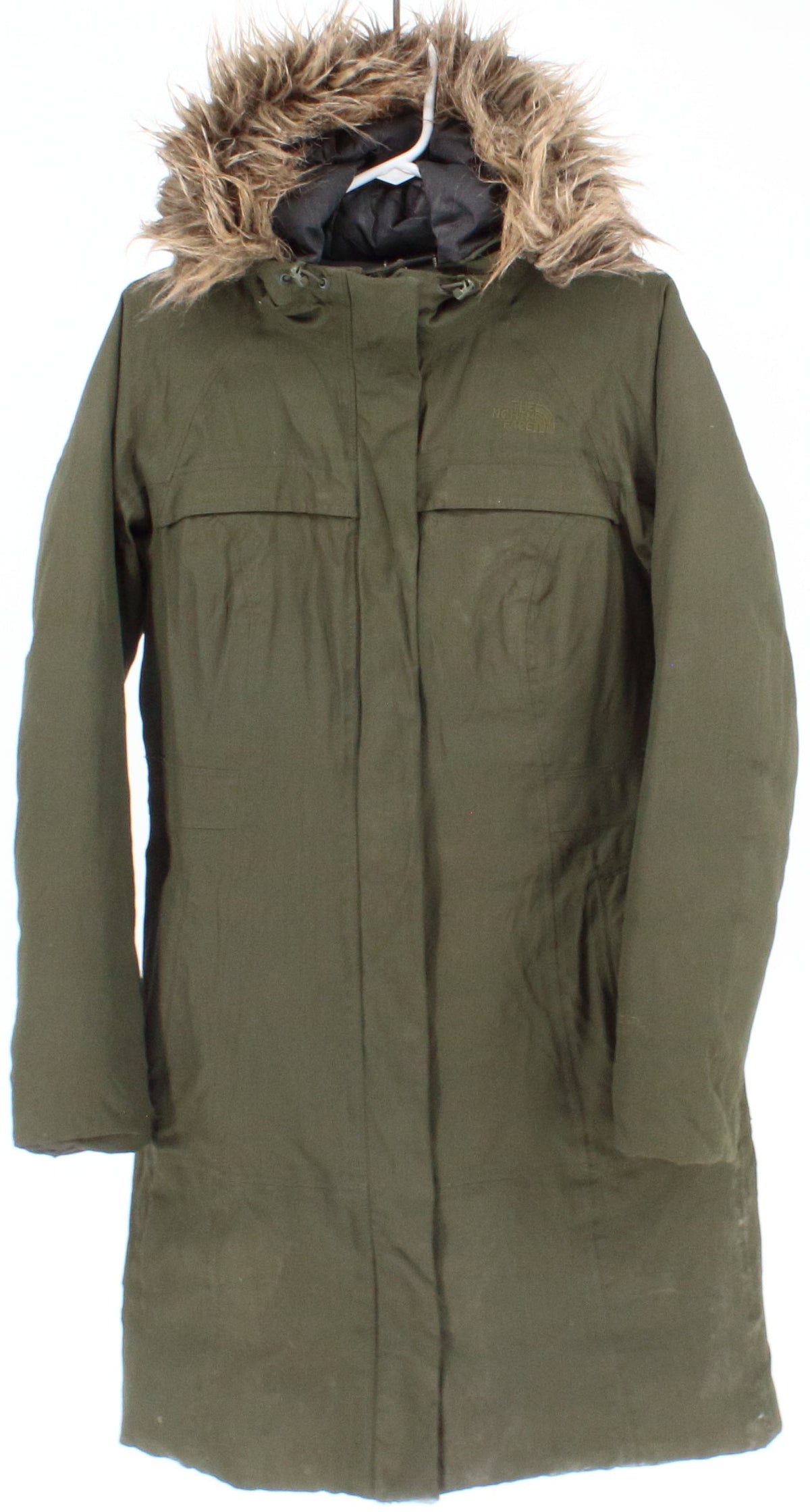 The North Face Army Green Women's Puffer Jacket With Detachable Fur Hood