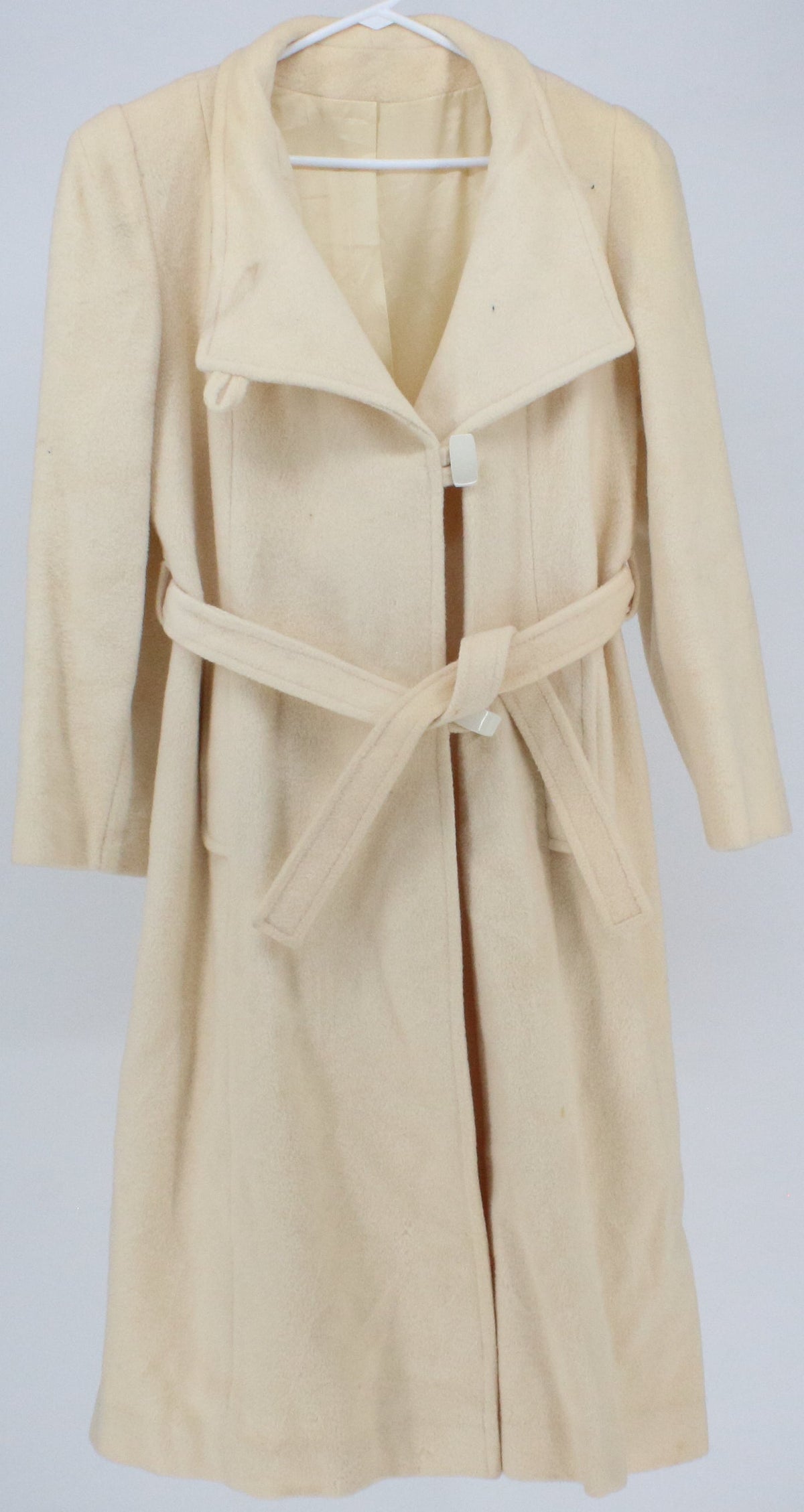 Cream Women's Long Wool Coat With Belt