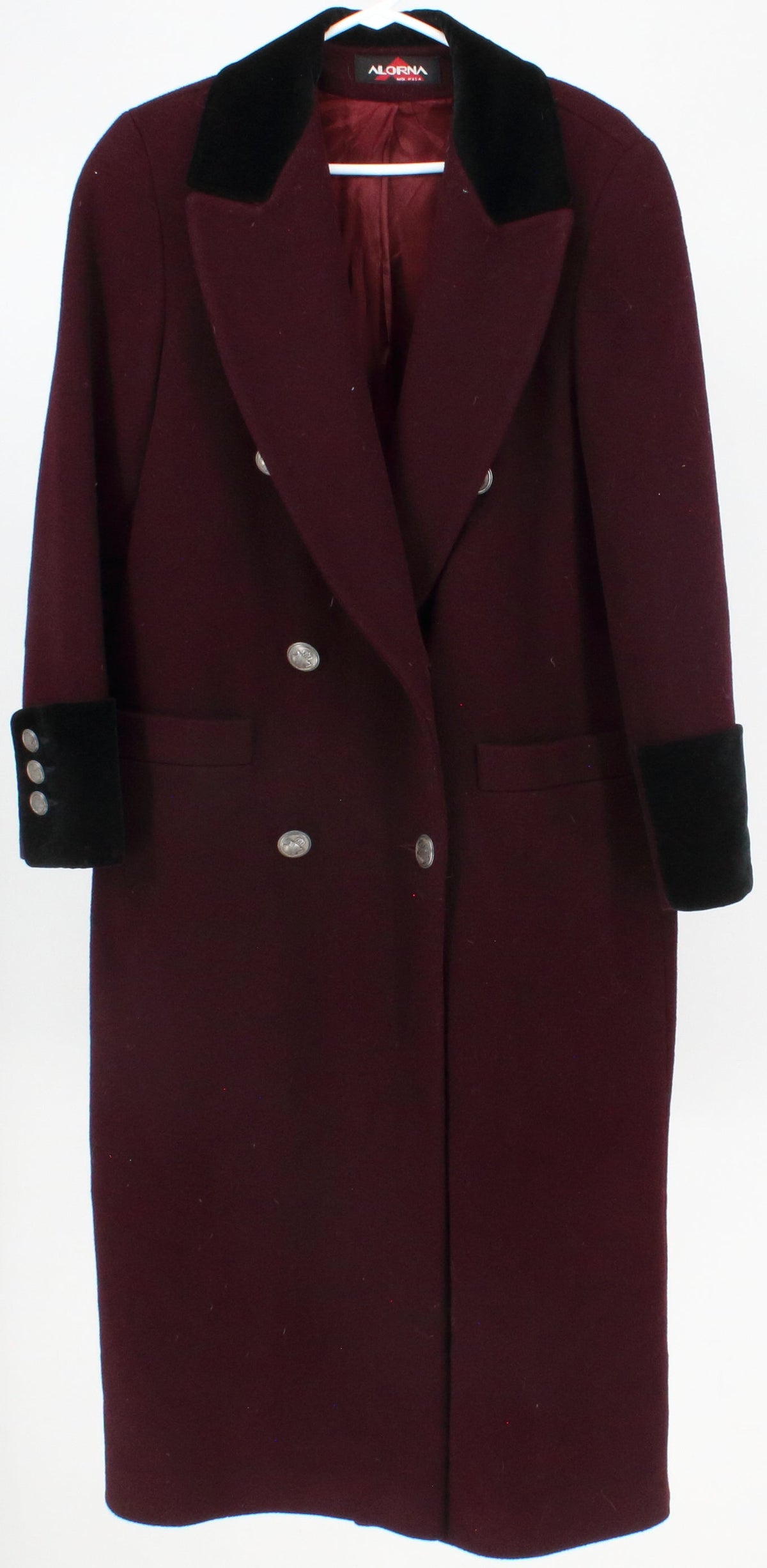 Alorna Burgundy Women's Wool Coat With Velvet Cuffs & Collar