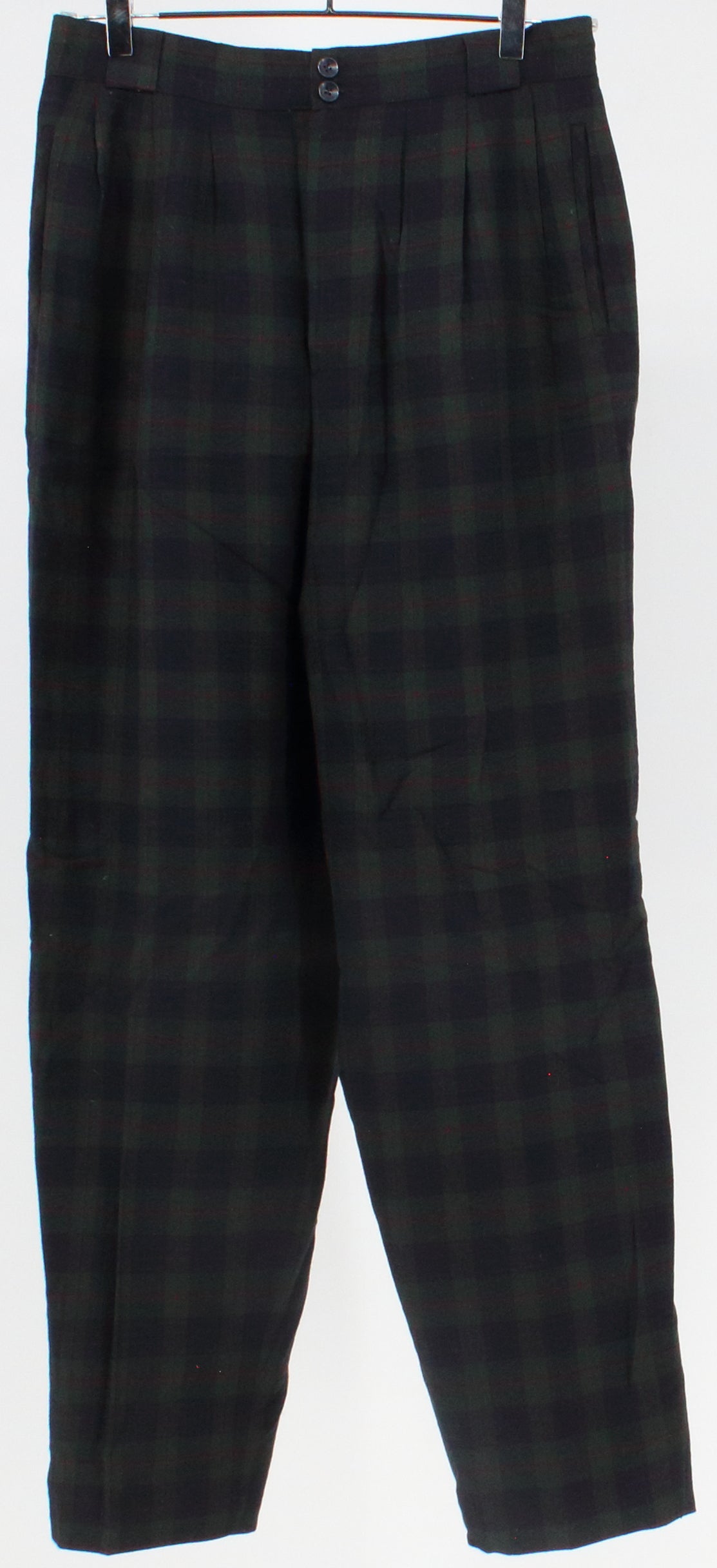 Savannah Navy Blue & Green Plaid High Waist Wool Trousers Pants