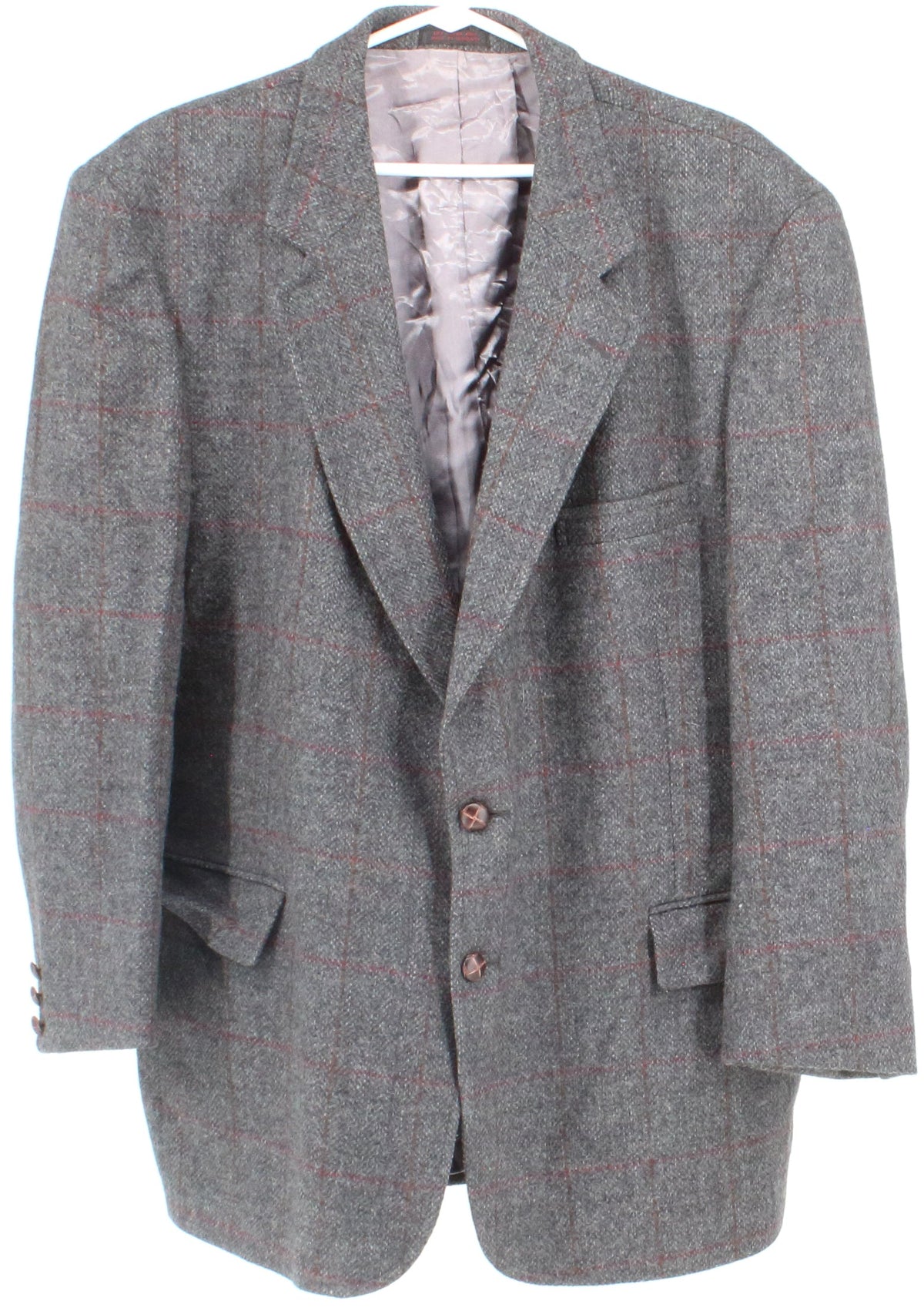 Dark Grey Plaid Men's Wool Blazer