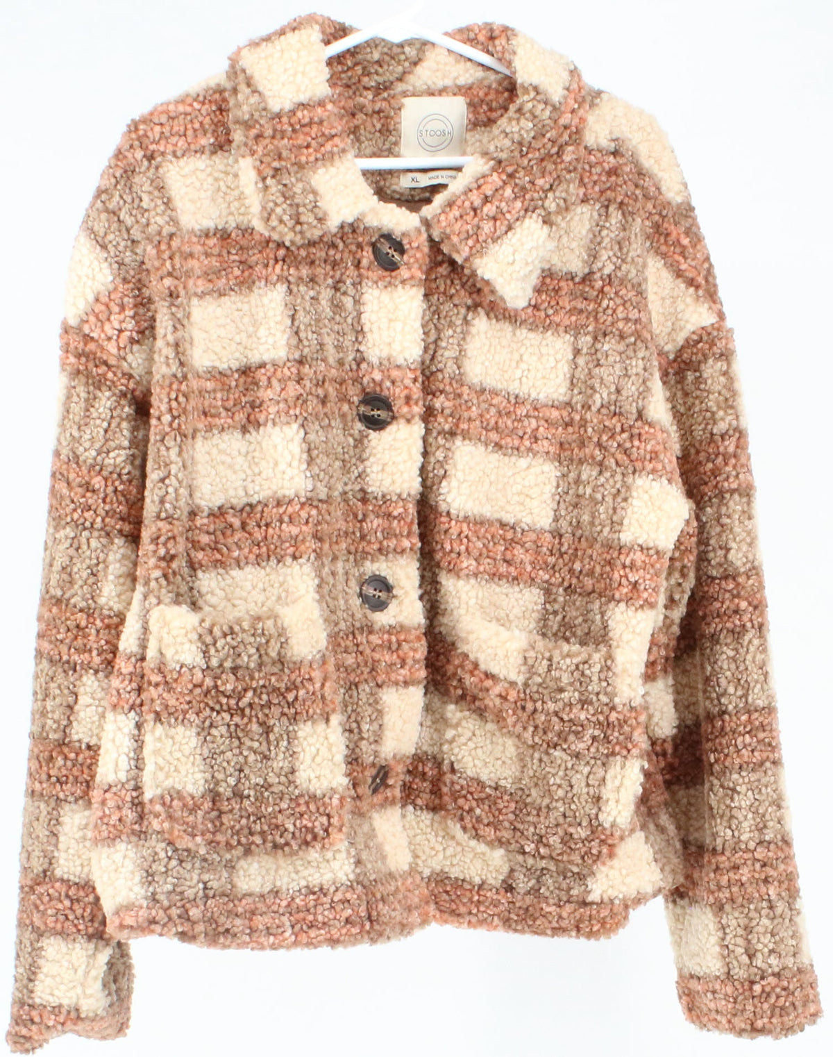 Stoosh Brown and Beige Checkered Women's Teddy Short Coat