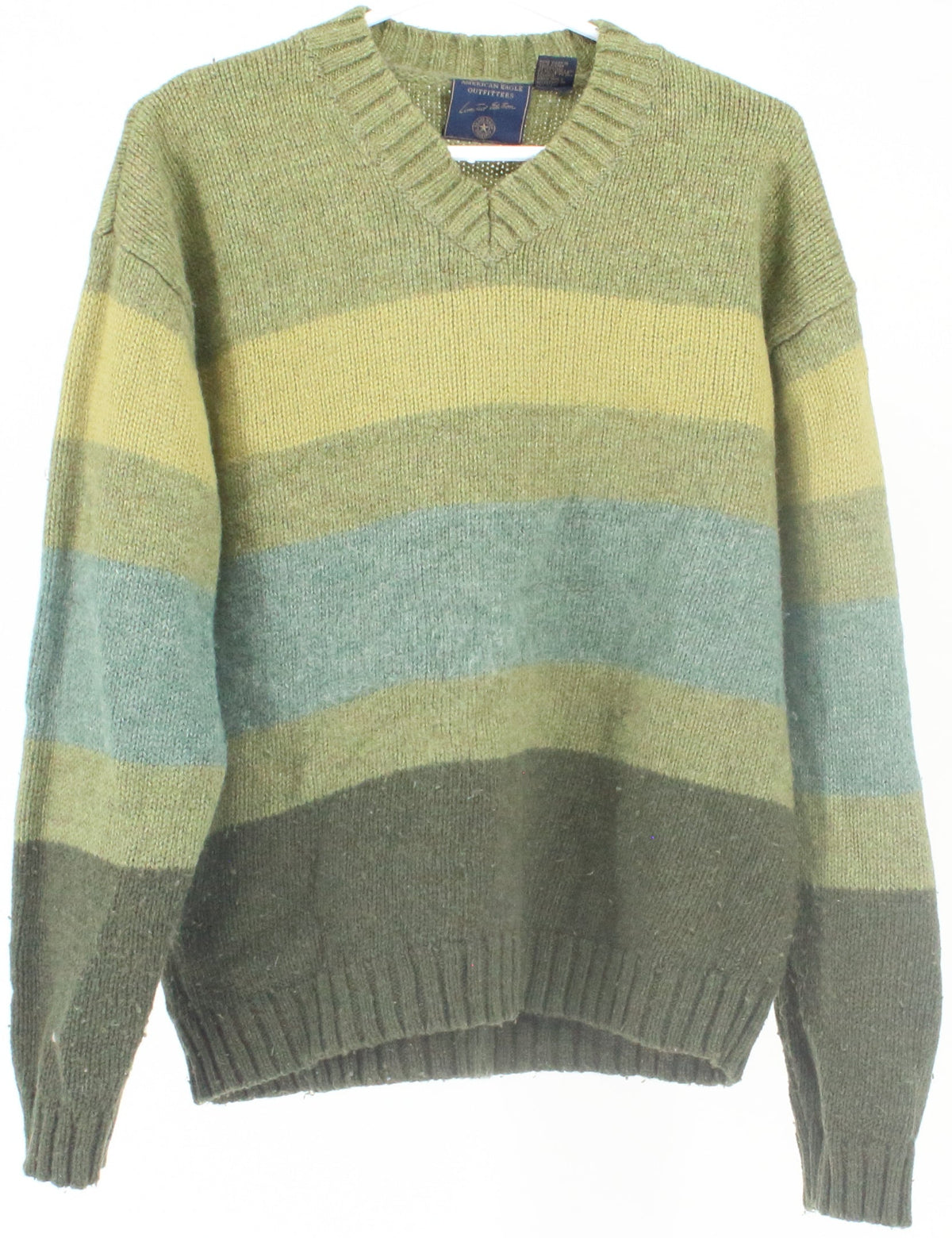 American Eagle Outfitters Limited Edition V Neck Green Striped Men's Sweater