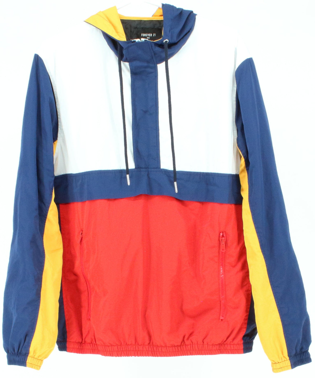 Forever 21 Navy Blue White Red and Yellow Half Zip Hooded Men's Nylon Jacket
