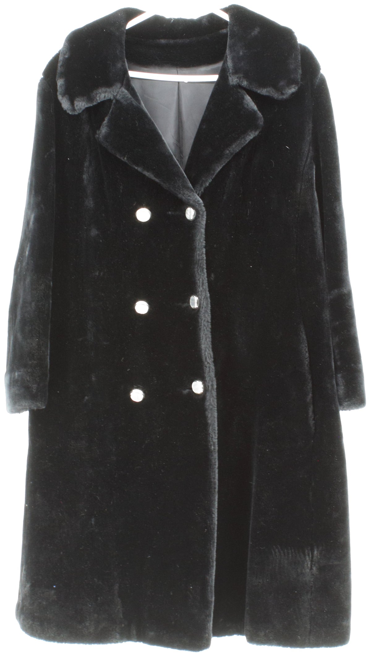 Black Faux Fur Women's Mid Coat With White and Silver Buttons