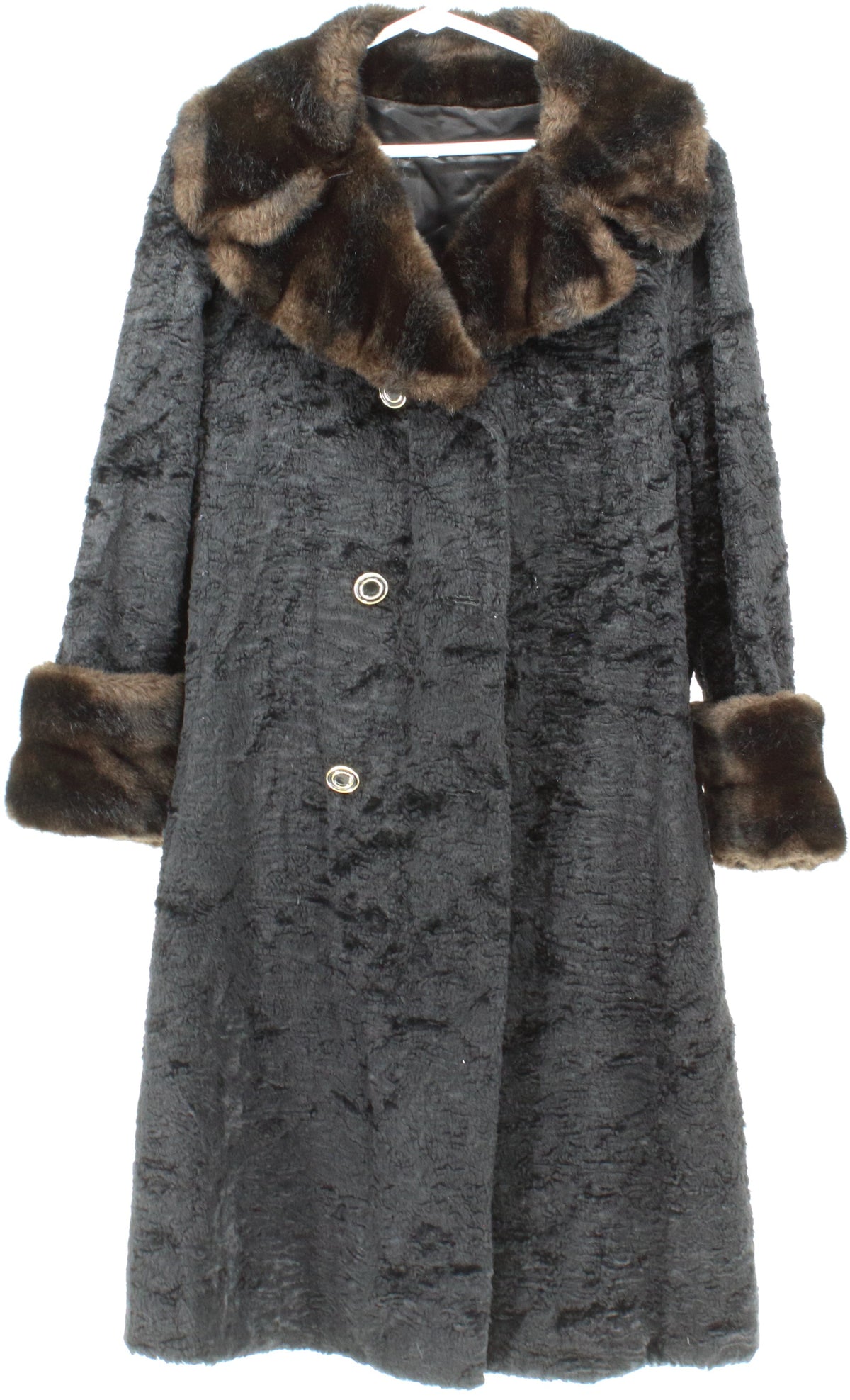 Sycamore Black Faux Fur Women's Coat With Brown Collar and Cuffs