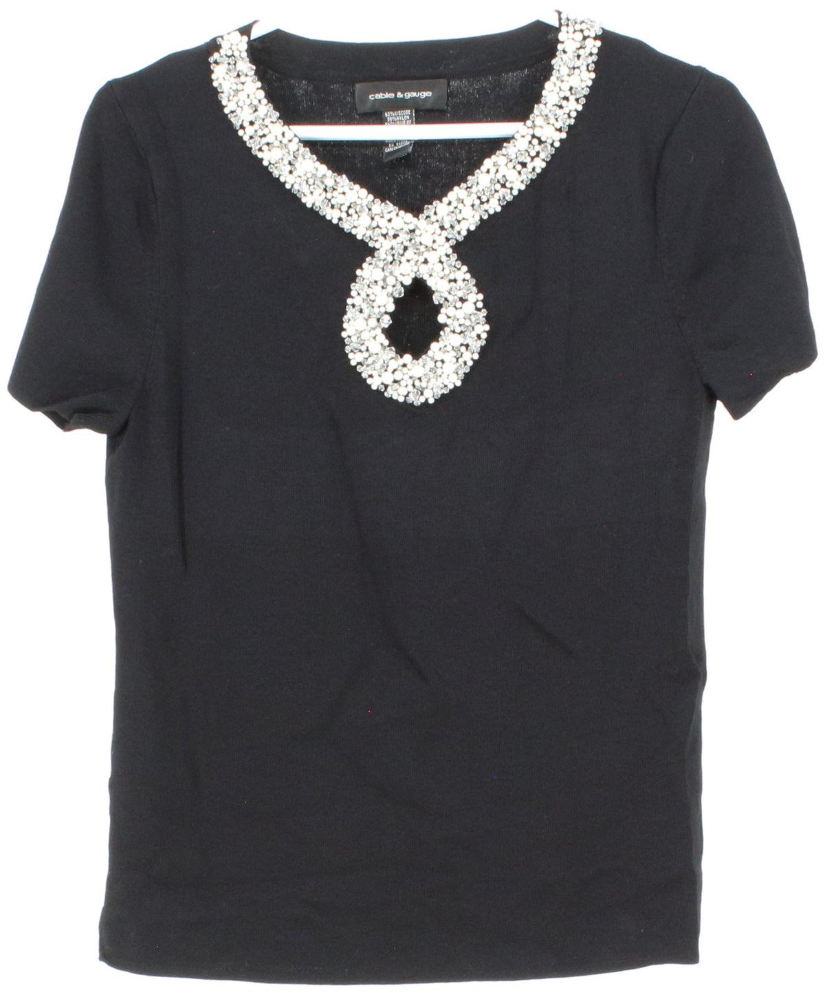 Cable & Gauge Black Short Sleeve Collar Embroidered Women's Sweater