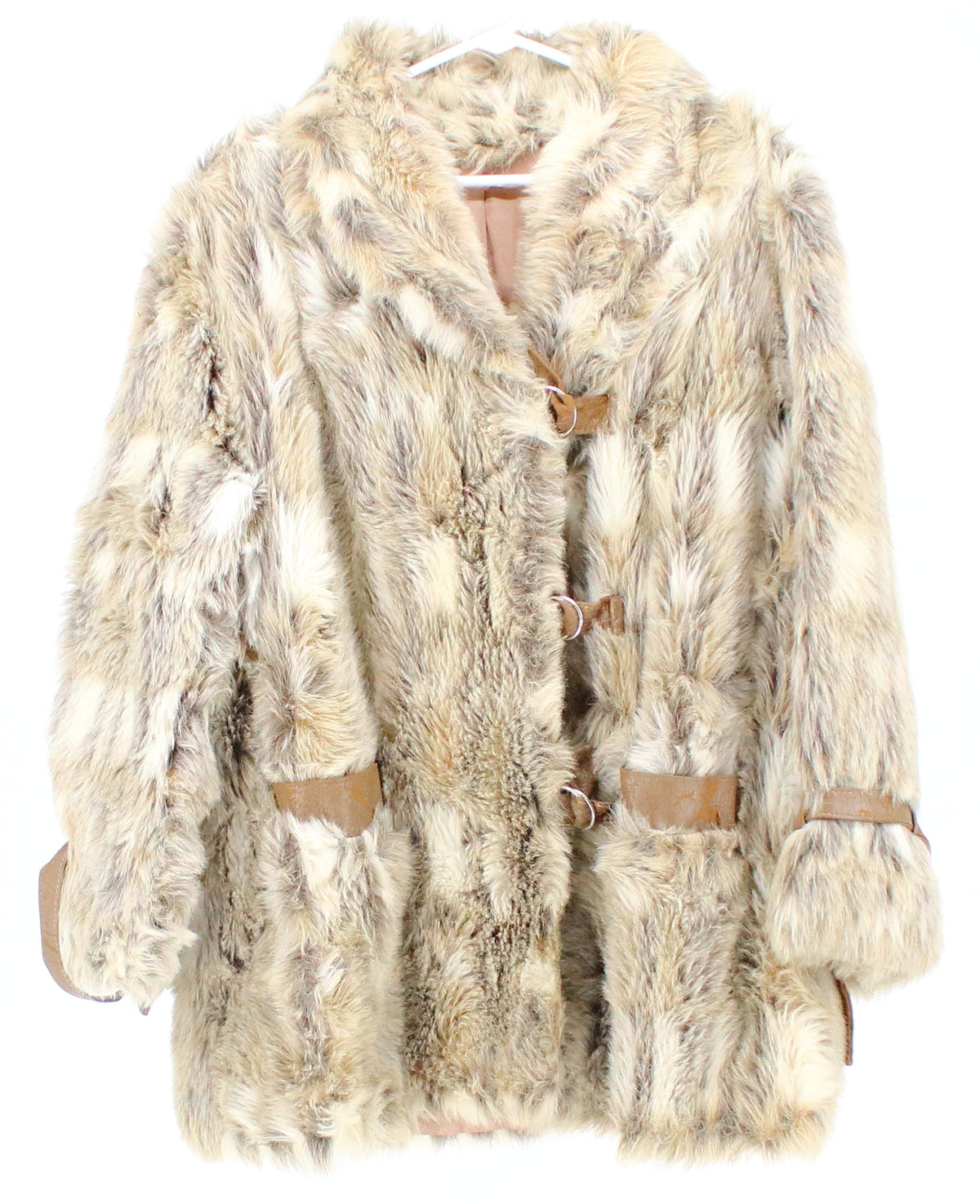 Beige and Brown Faux Fur Women's Coat With Leather Details