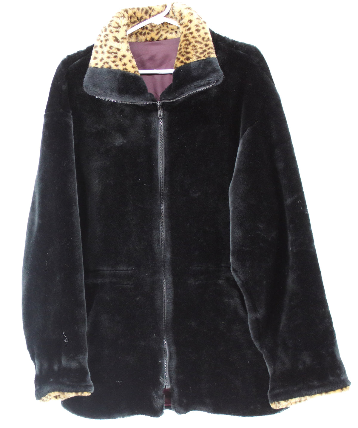 Gallery Black Womens Faux Fur Coat With Leopard Print Collar