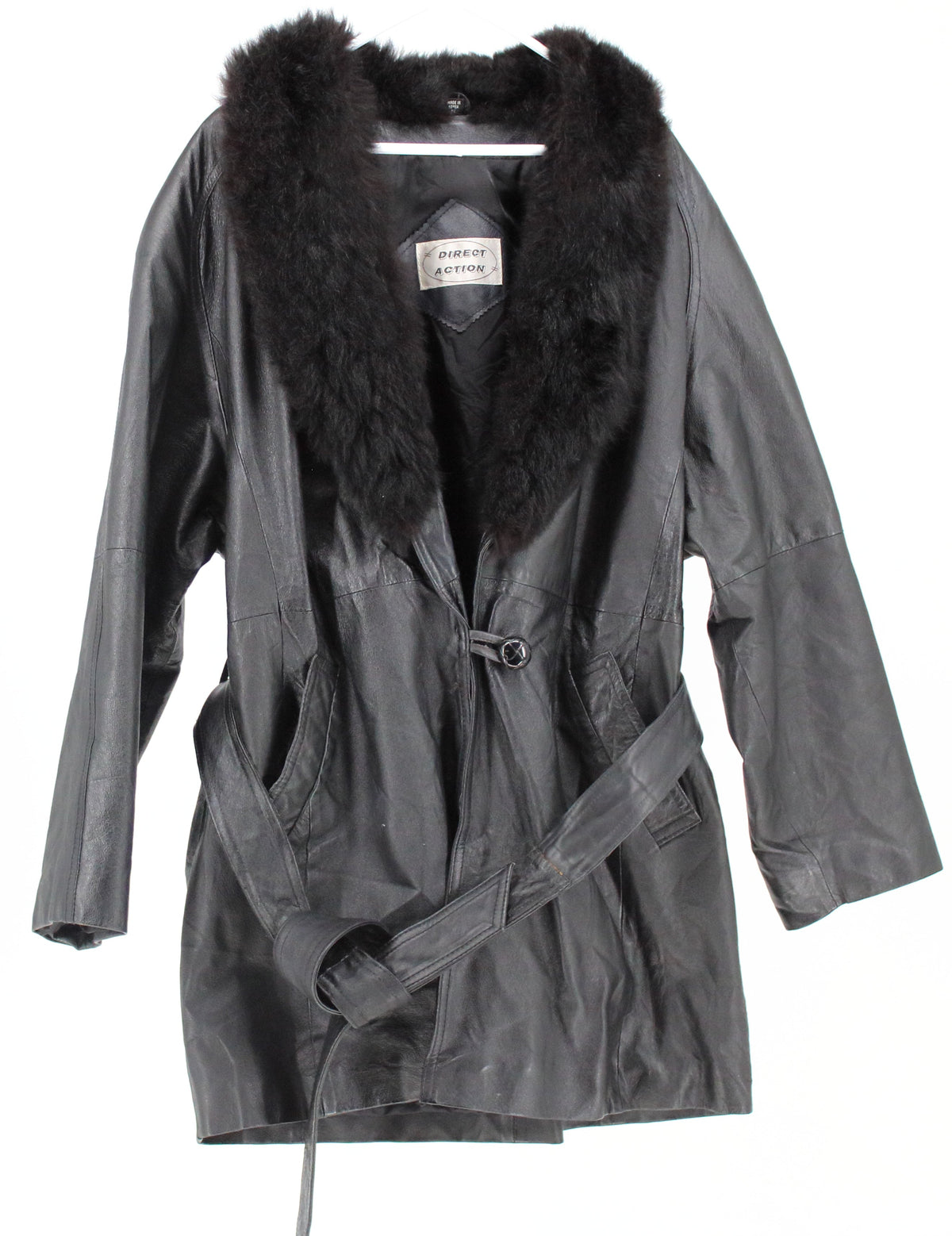Direct Action Black Women's Leather Coat With Faux Fur Collar
