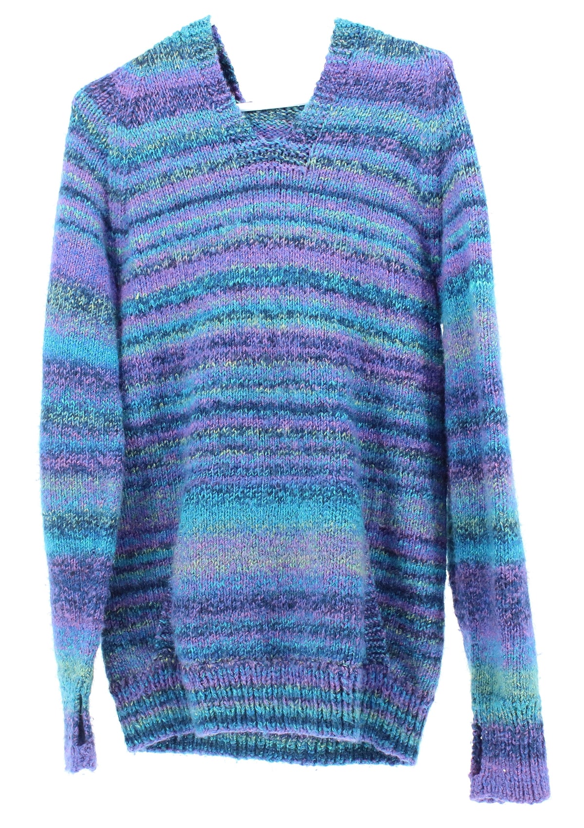 Blue and Purple Stripes Hooded Front Pockets Sweater