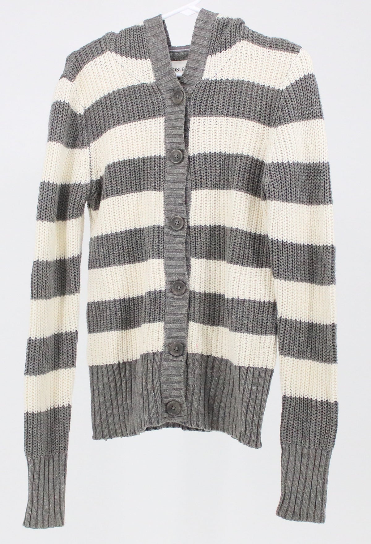 Aeropostale Grey And Off White Striped Hood Cardigan Women's Sweater