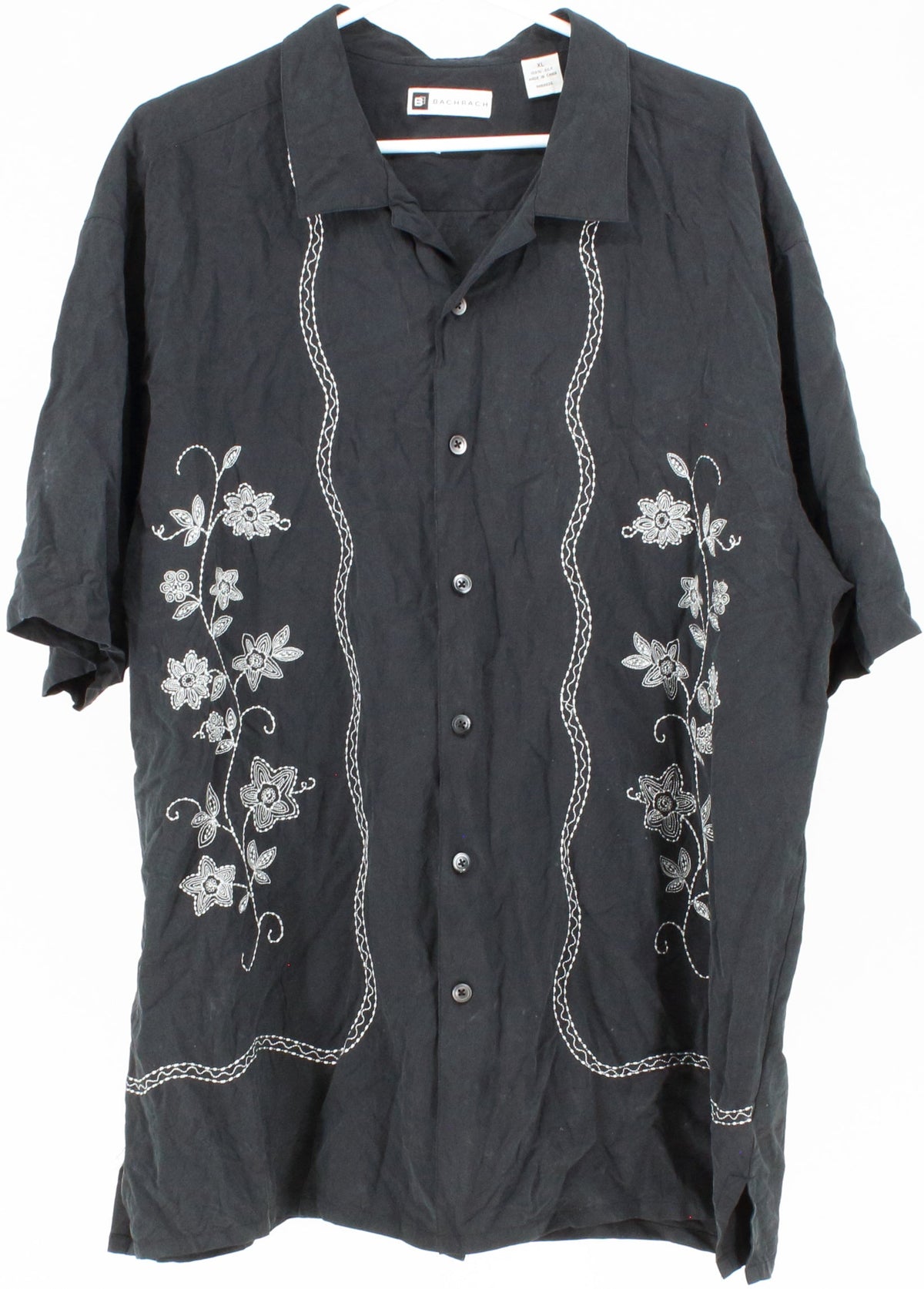 Bachrach Black Embroidered Short Sleeve Silk Shirt