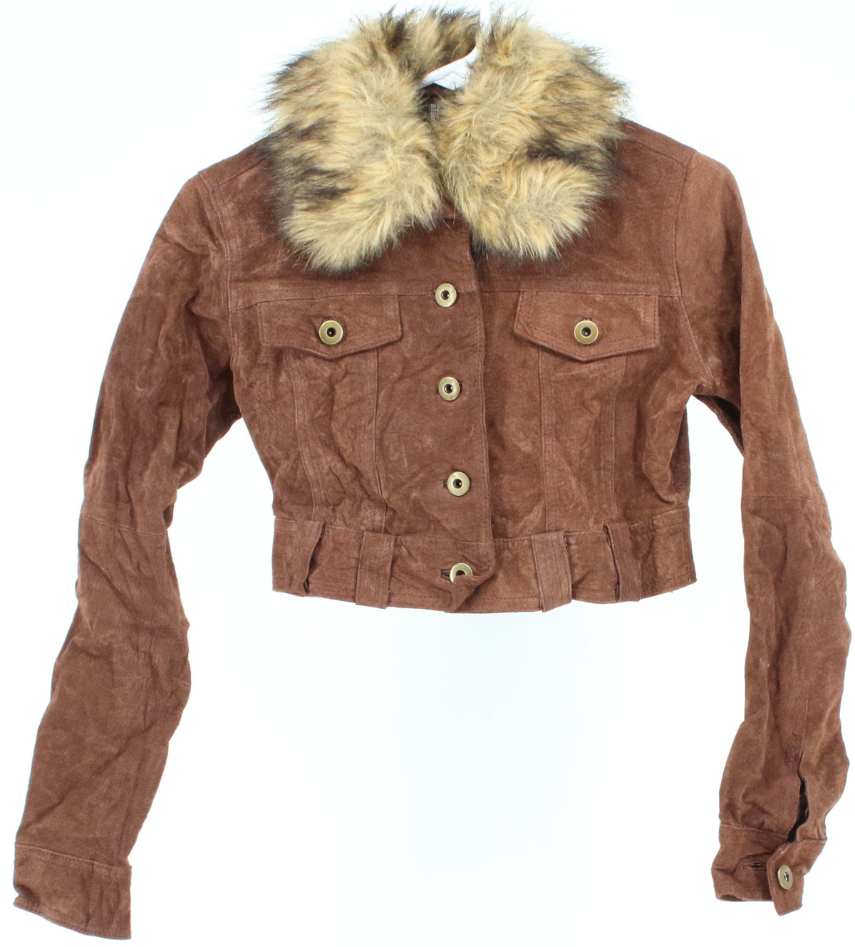Rue 21 Brown Cropped Leather Jacket With Faux Fur Collar