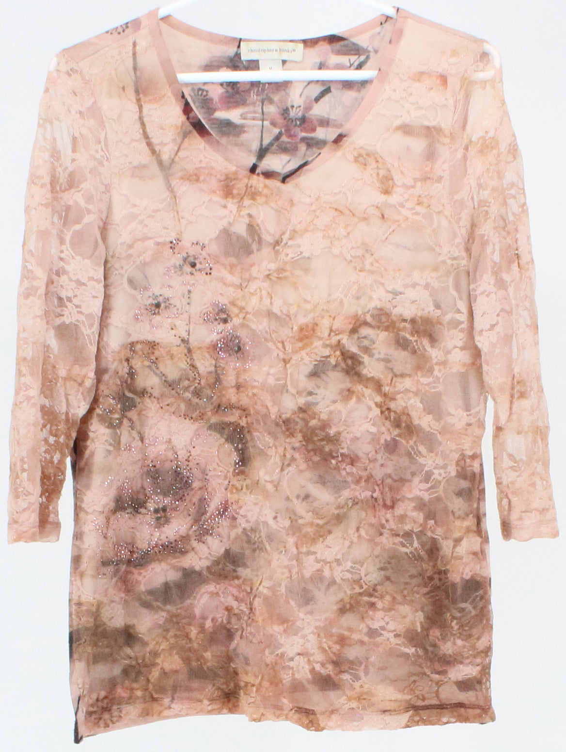 Christopher & Banks Pink Blush Flower Print With Lace and Studs Long Sleeve Top