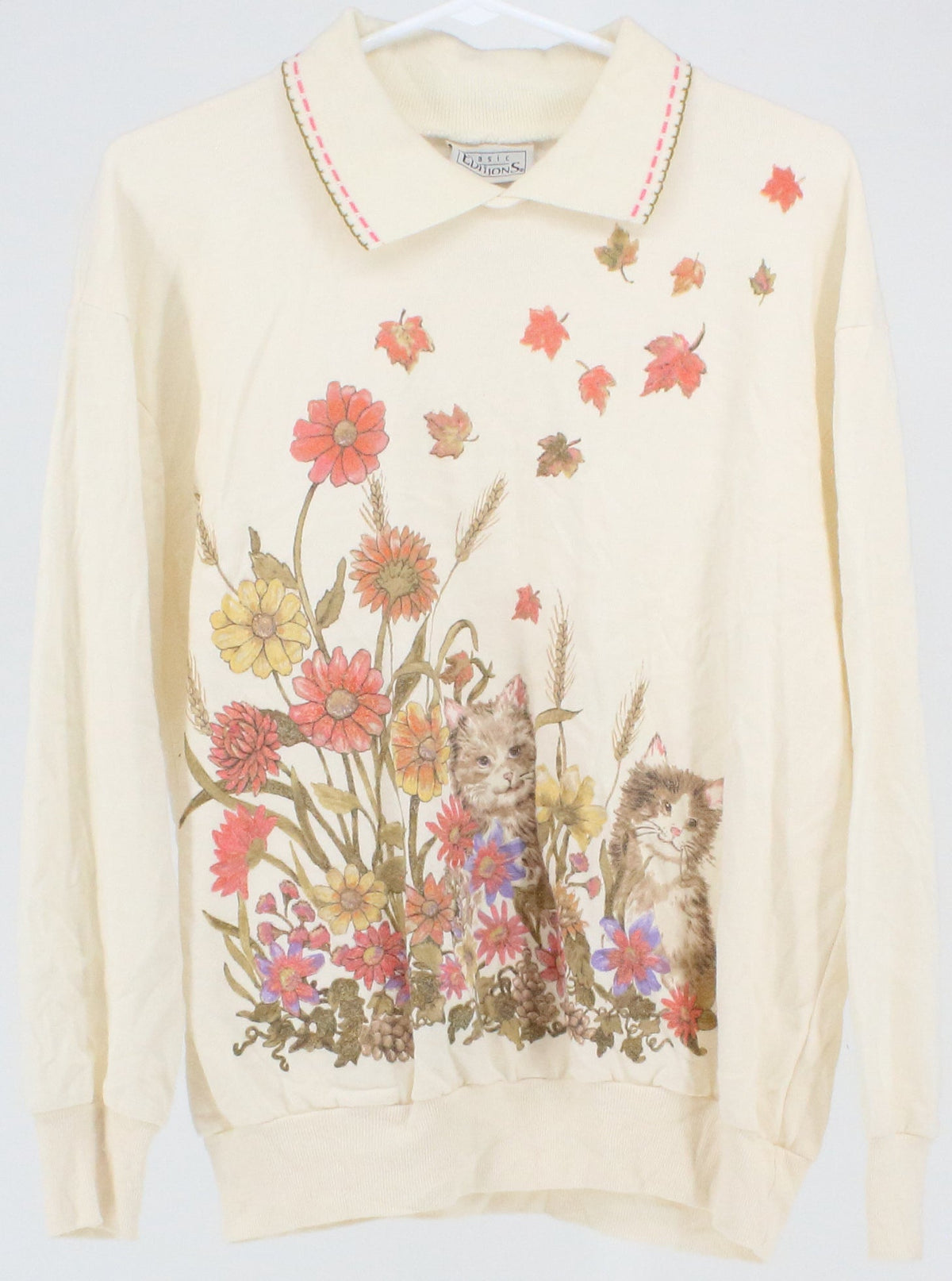 Basic Editions Off White Cats Graphic Polo Collar Sweatshirt