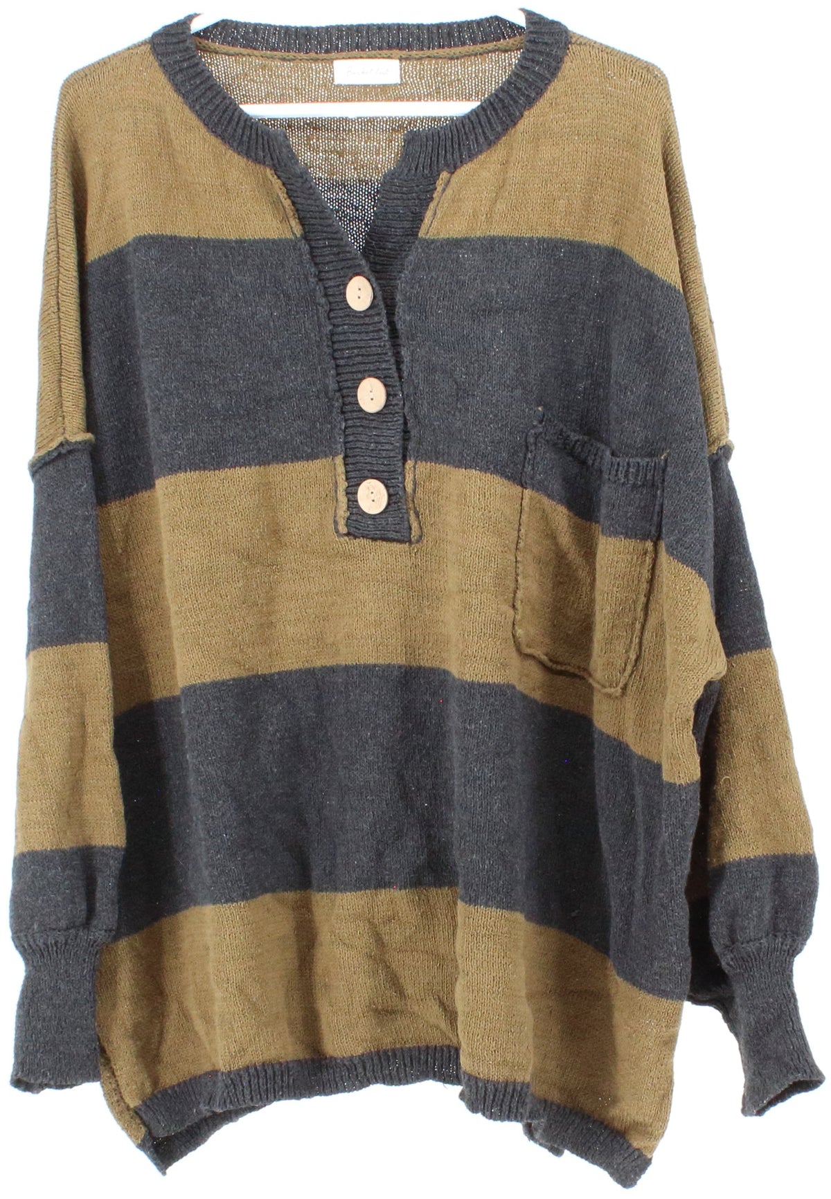 Bucket List Dark Grey and Green Striped Buttons Sweater