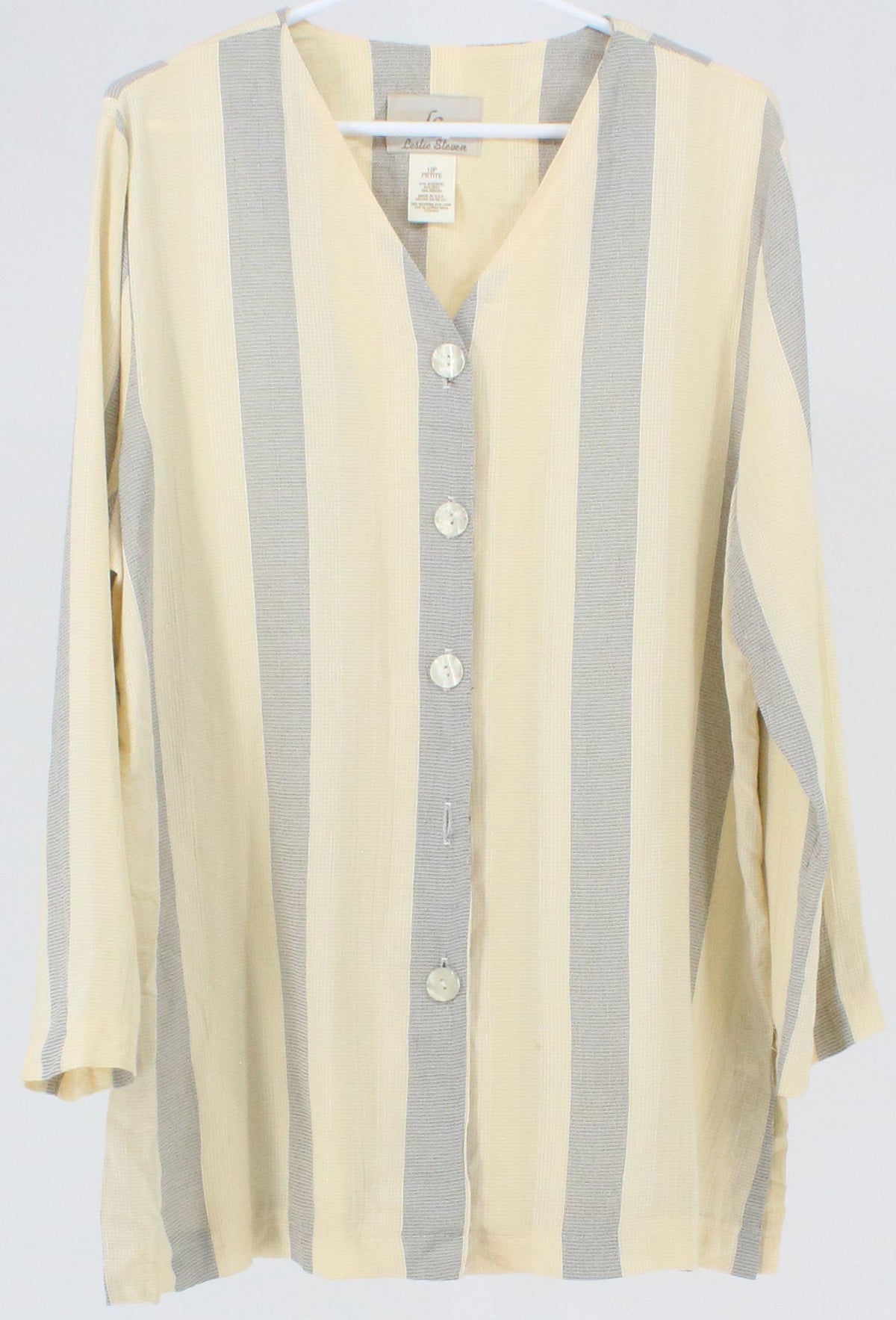 LS Leslie Steven Petite Light Yellow and Black Striped V Neck Long Sleeve Top