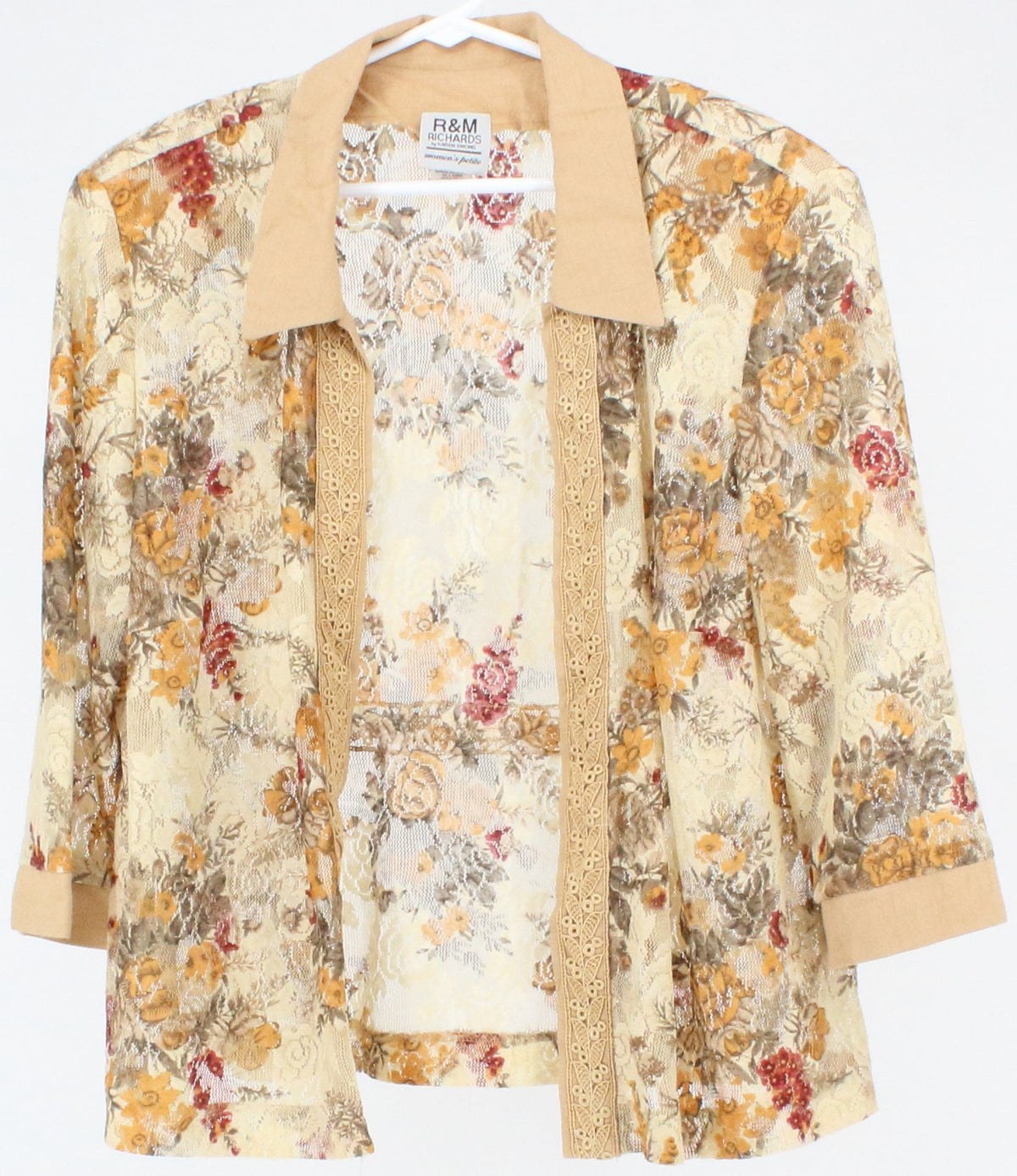 R&M Richards Beige Flower Print Open Front Lace Petite Top