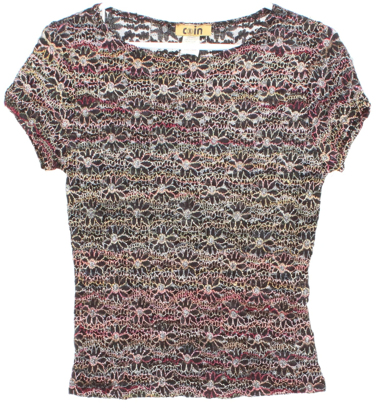 Coin Black and Multicolor Short Sleeve Lace Top