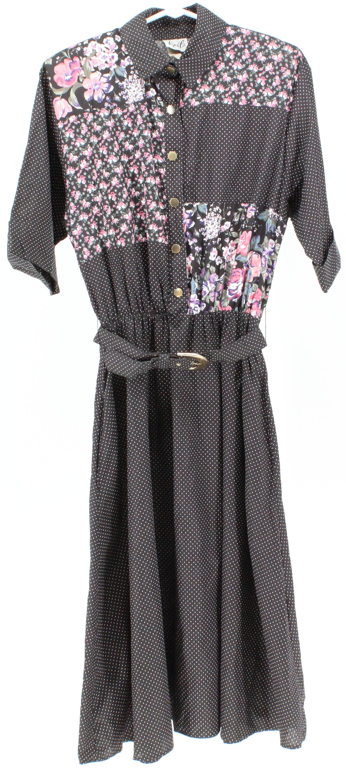 Tap & Co. Black Dots and Flower Print Belted Long Dress