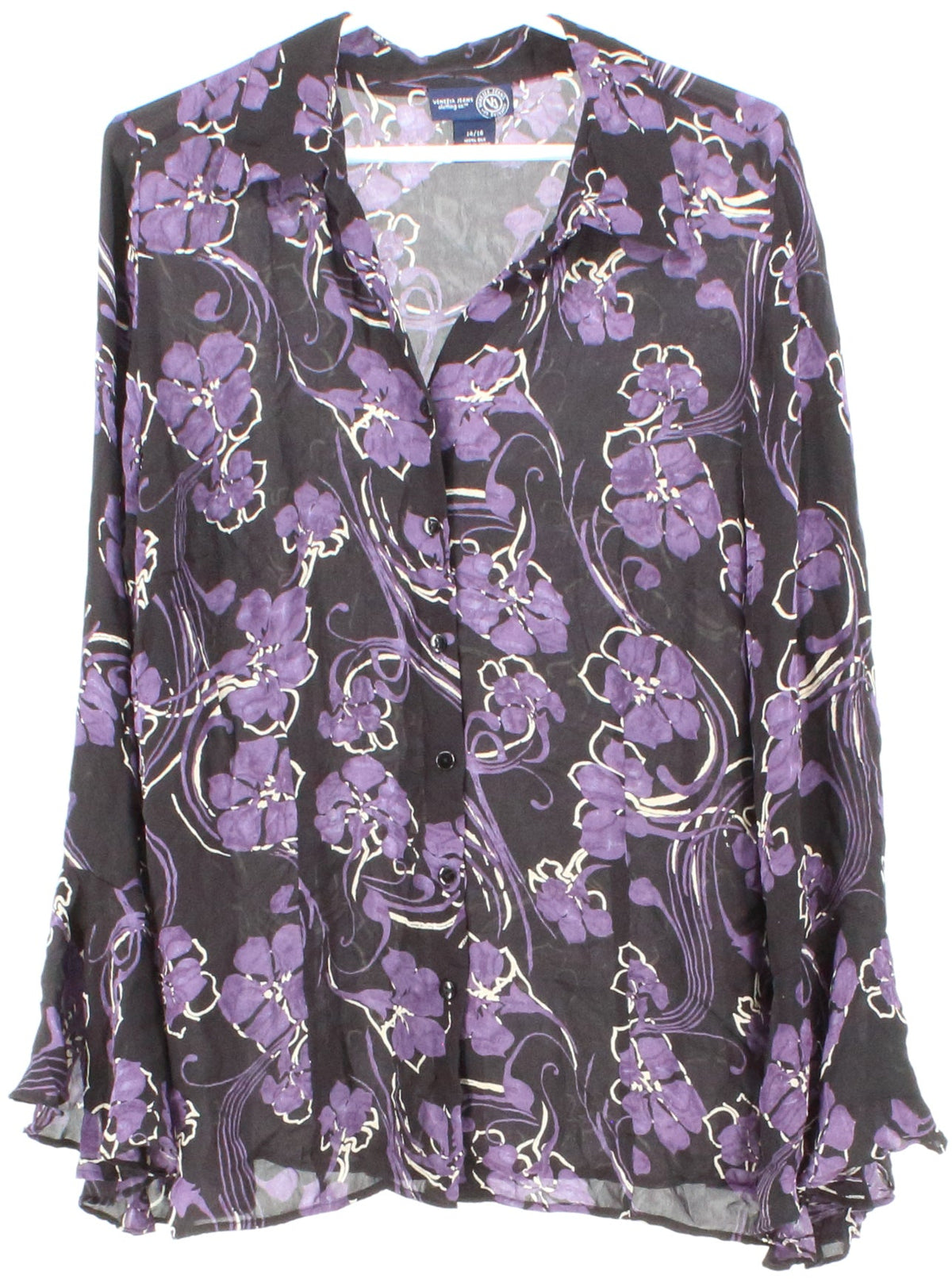 Venezia Jeans Clothing Co. Black and Purple Flower Print Silk Blouse