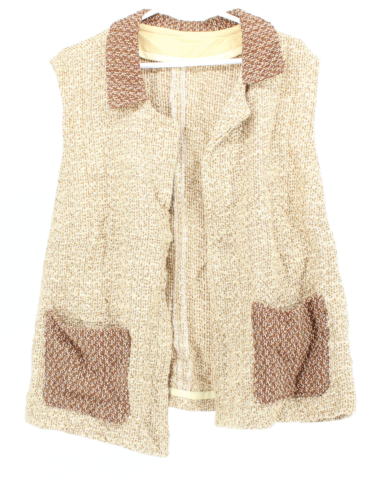 Beige Vest With Brown Collar And Front Pockets