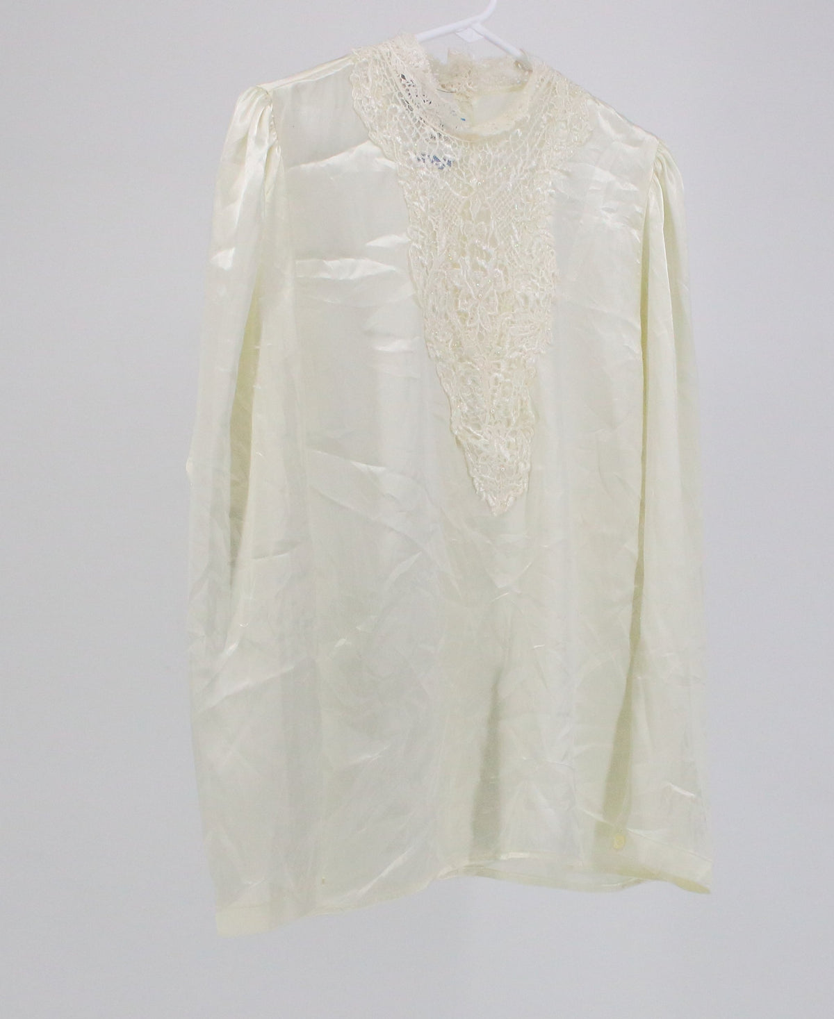 San Andre Off White With Lace Neck Long Sleeves Satin Top