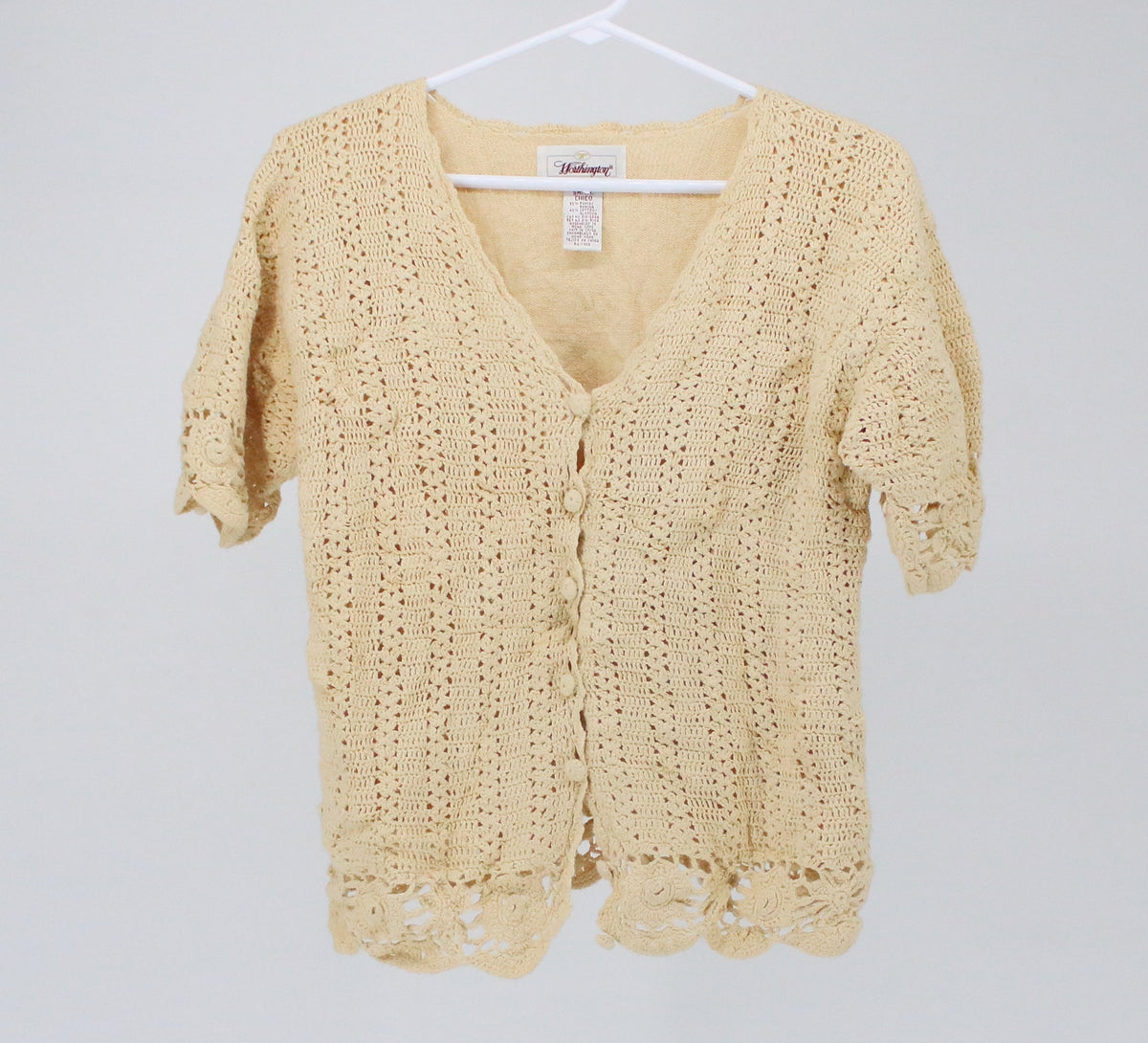 Worthington Beige Crochet Short Sleeve Cardigan Sweater