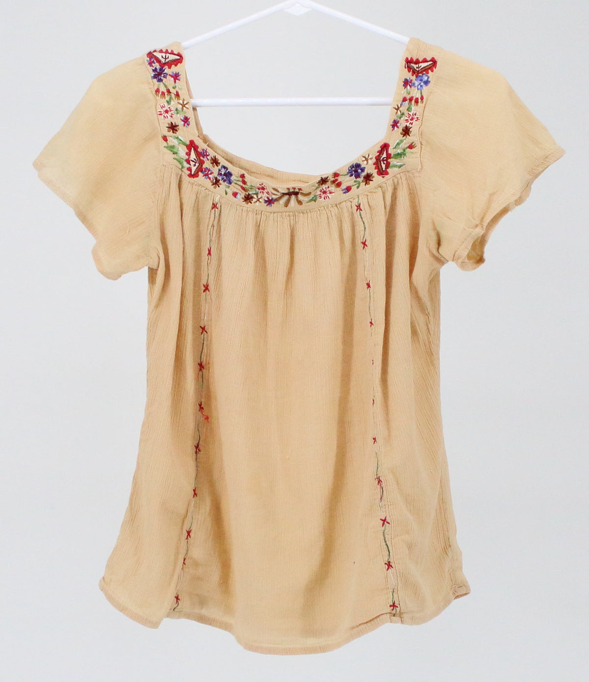 Geeta Beige Embroided Neck Short Sleeves Top