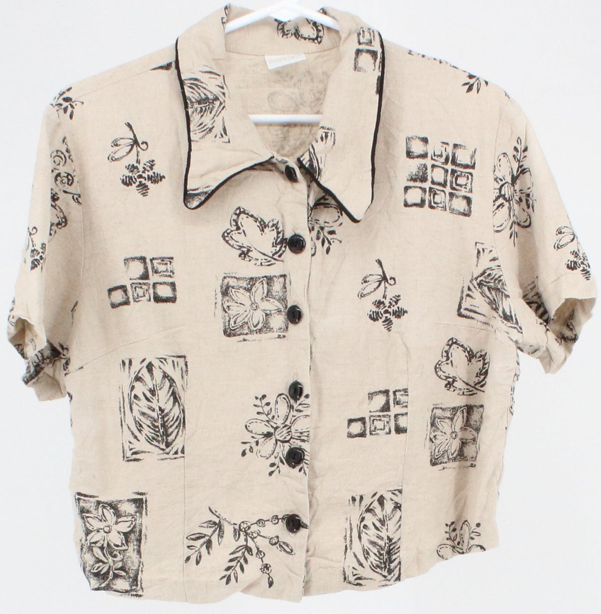 Studio C Beige and Black Print Cropped Linen Blouse