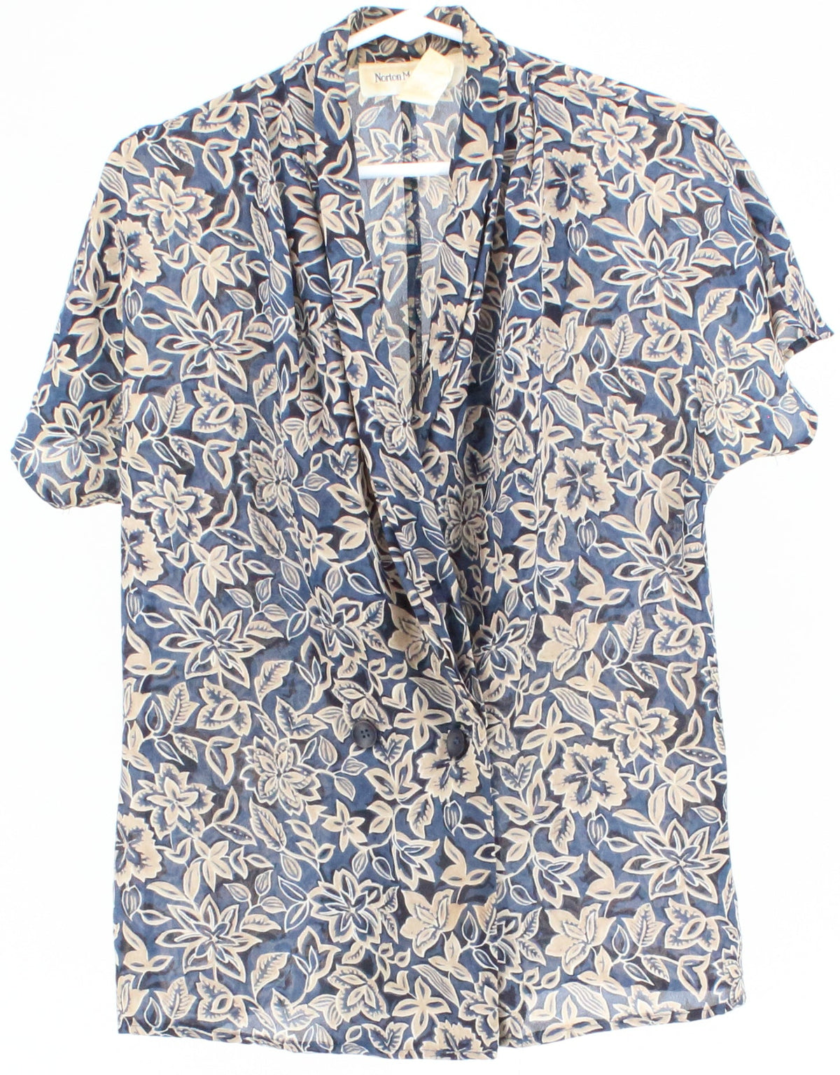 Norton McNaughton Blue and Beige Flower Print Short Sleeve Blouse