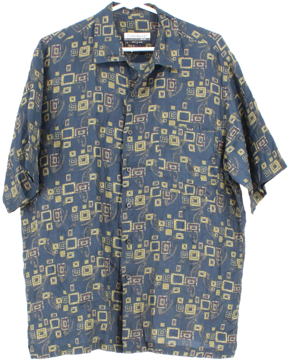 Firethorn Navy Blue Print Short Sleeve Silk Shirt