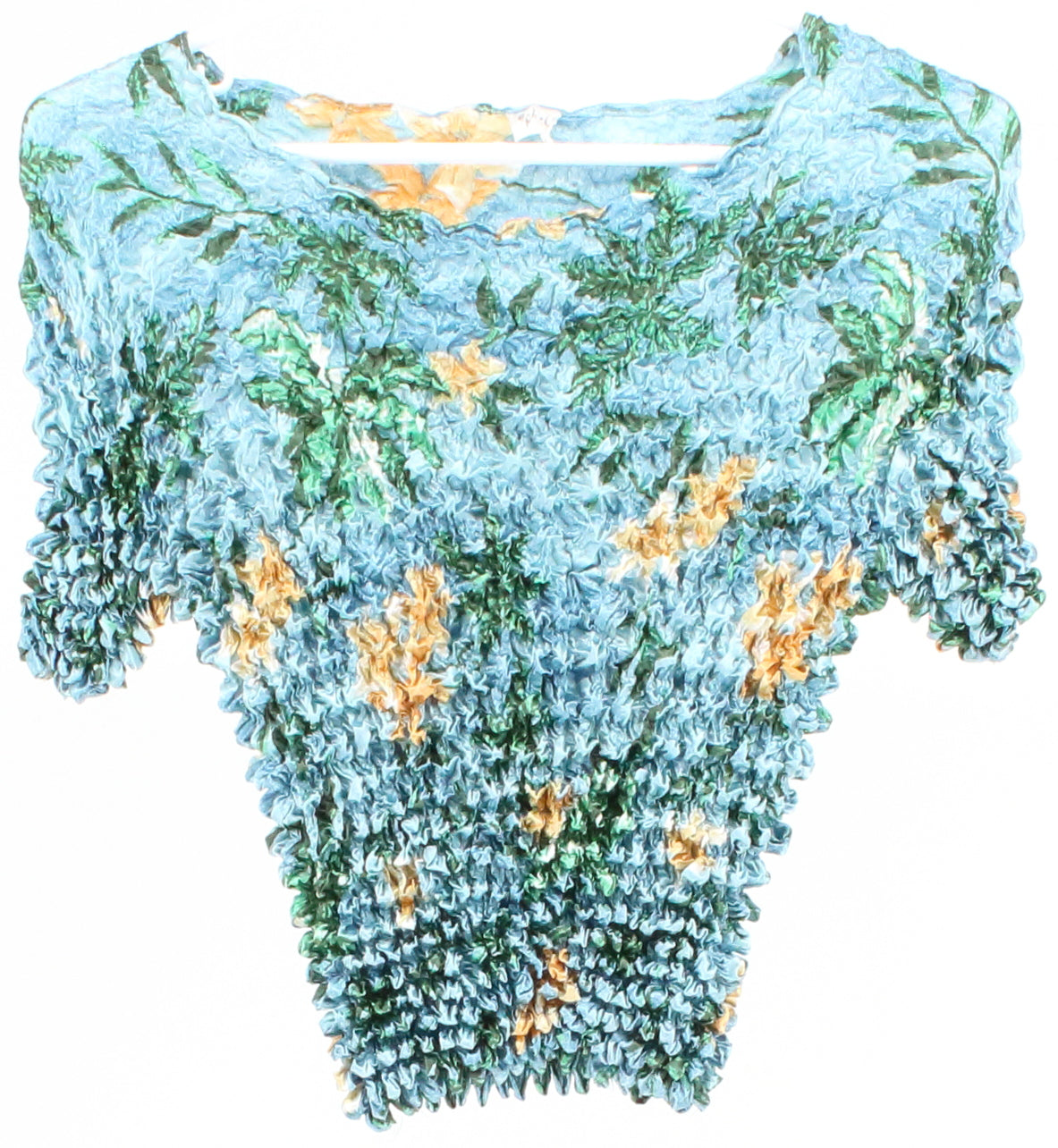 F.C Light Blue Green and Yellow Flower Print Textured Crop Top