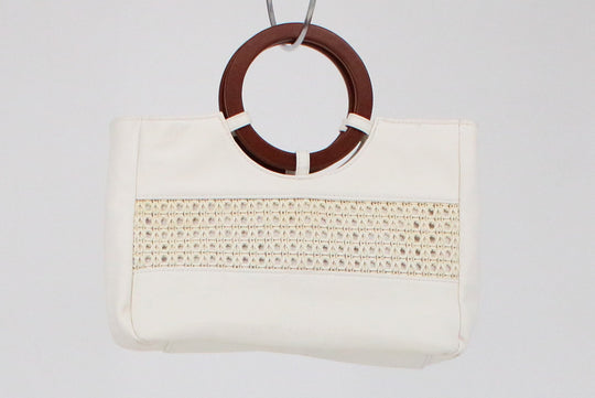 Off White Vegan Leather Hand Purse With Wooden Handle