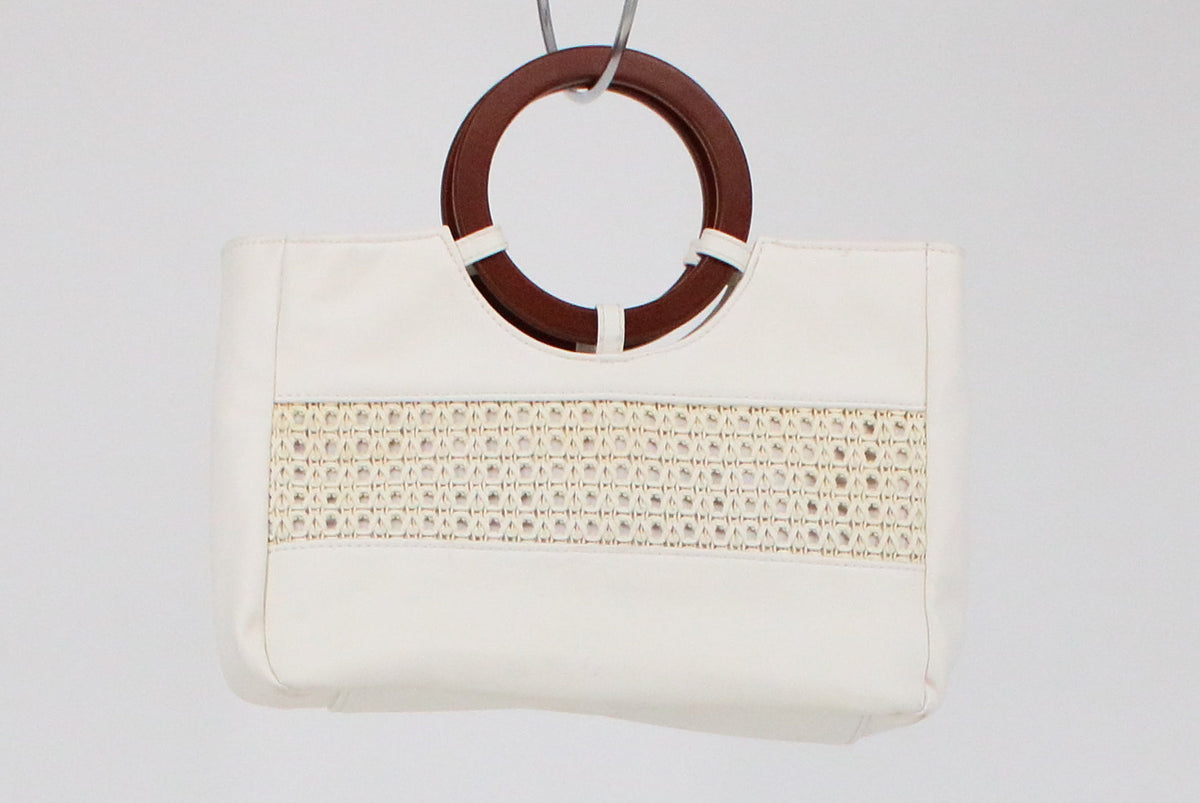 Off White Vegan Leather Hand Purse With Wooden Handle