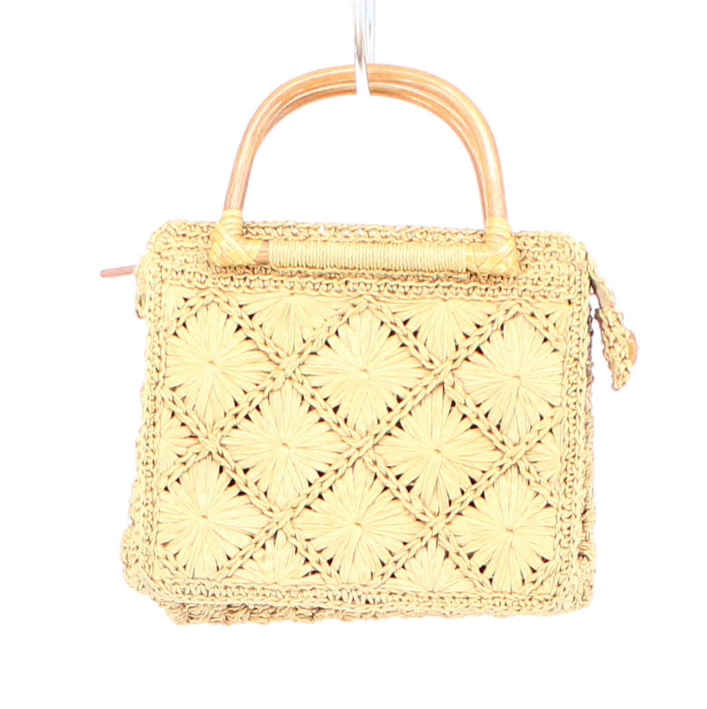 Beige Straw Wooden Handle Small Bag