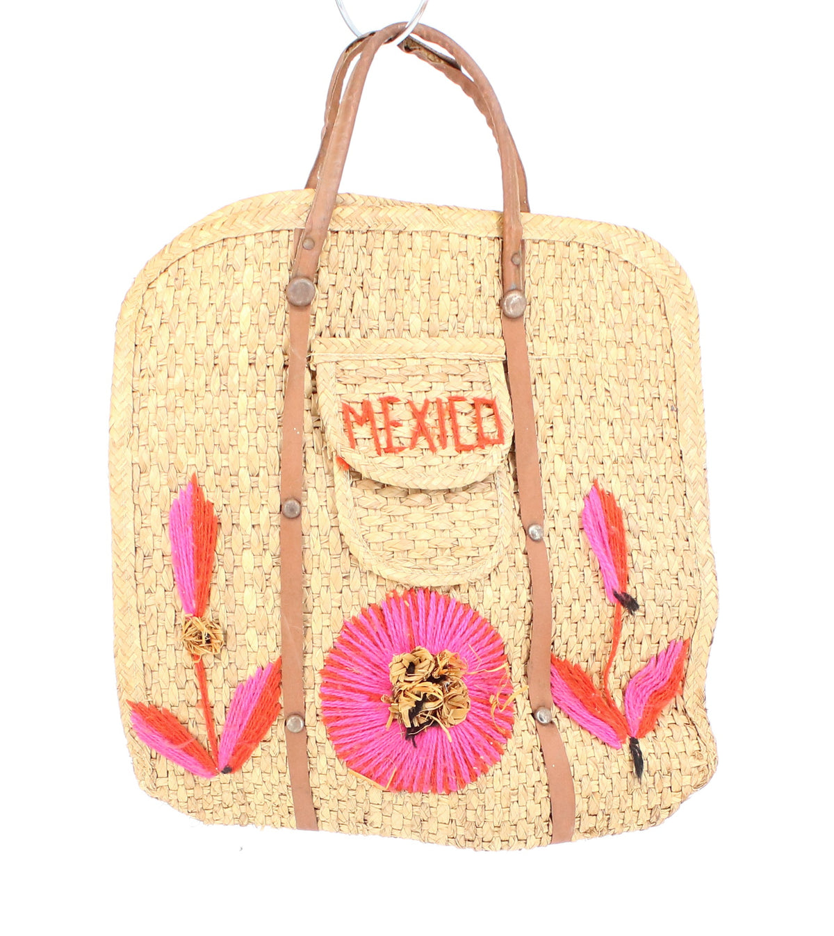Beige Mexico Embroidered Front Pocket Straw Bag