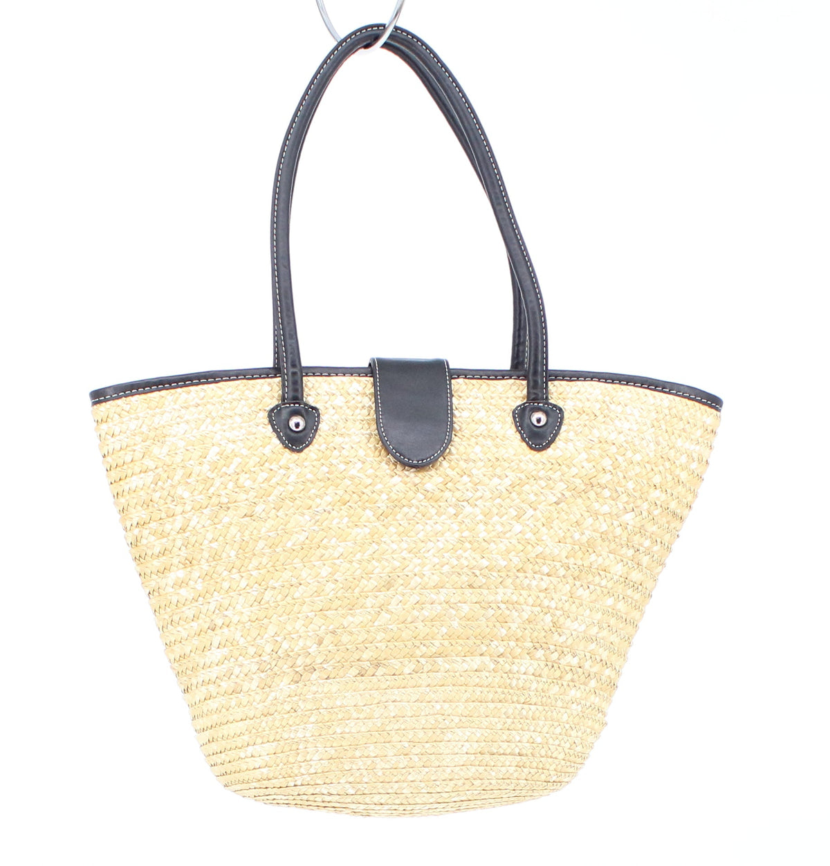 Beige Straw Tote Bag With Black Leather Straps And Snap Closure