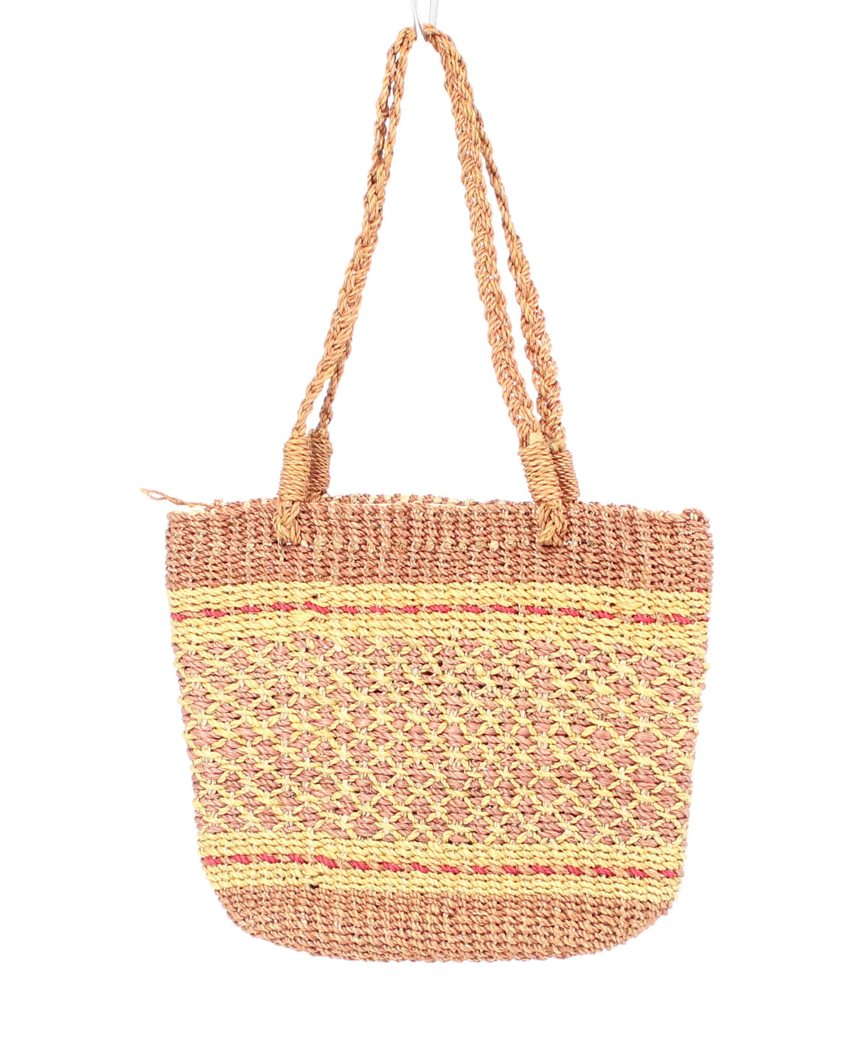Brown And Yellow Straw Bag With Zip Up Closure