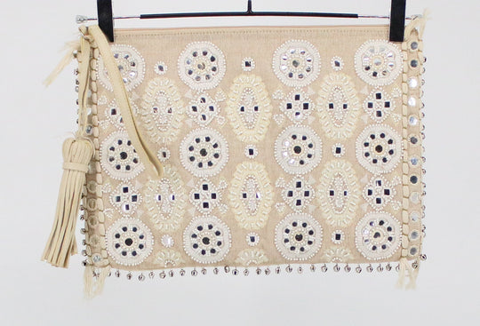 Beige Mirror Stones And Thread Embroidered Clutch