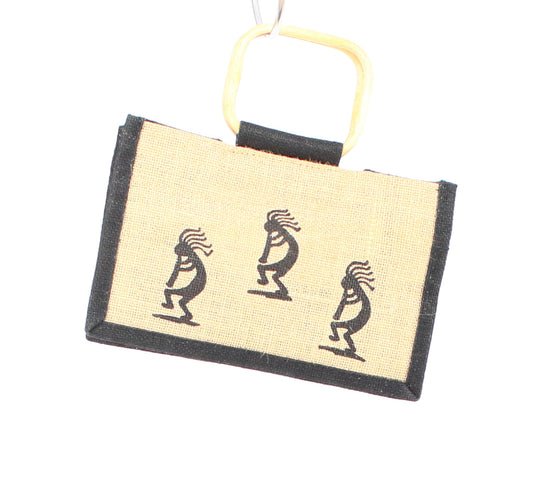 Beige and Black Straw Handbag With Wooden Handle