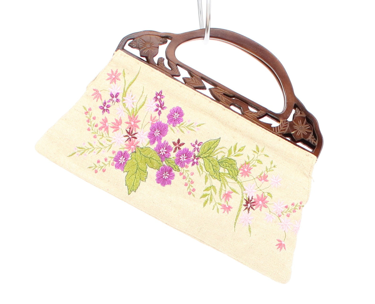The Limited Beige Flower Embroidery Wooden Handle Purse