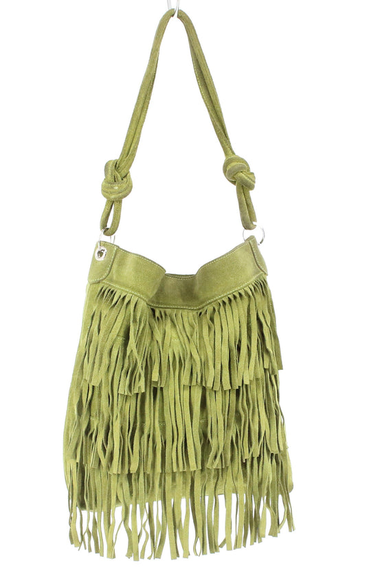 Maurizio Taiuti Green Fringes Genuine Leather Suede Bag