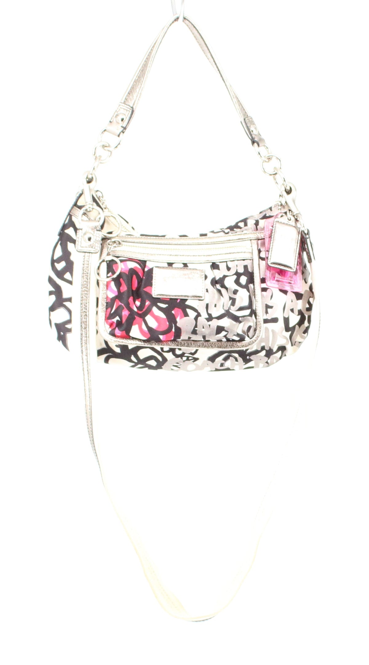 Coach Off White Printed Crossbody Hand Bag With Silver Details