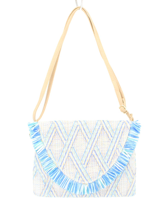 Blue and Multicolor Straw Crossbody Bag With Snap Closure