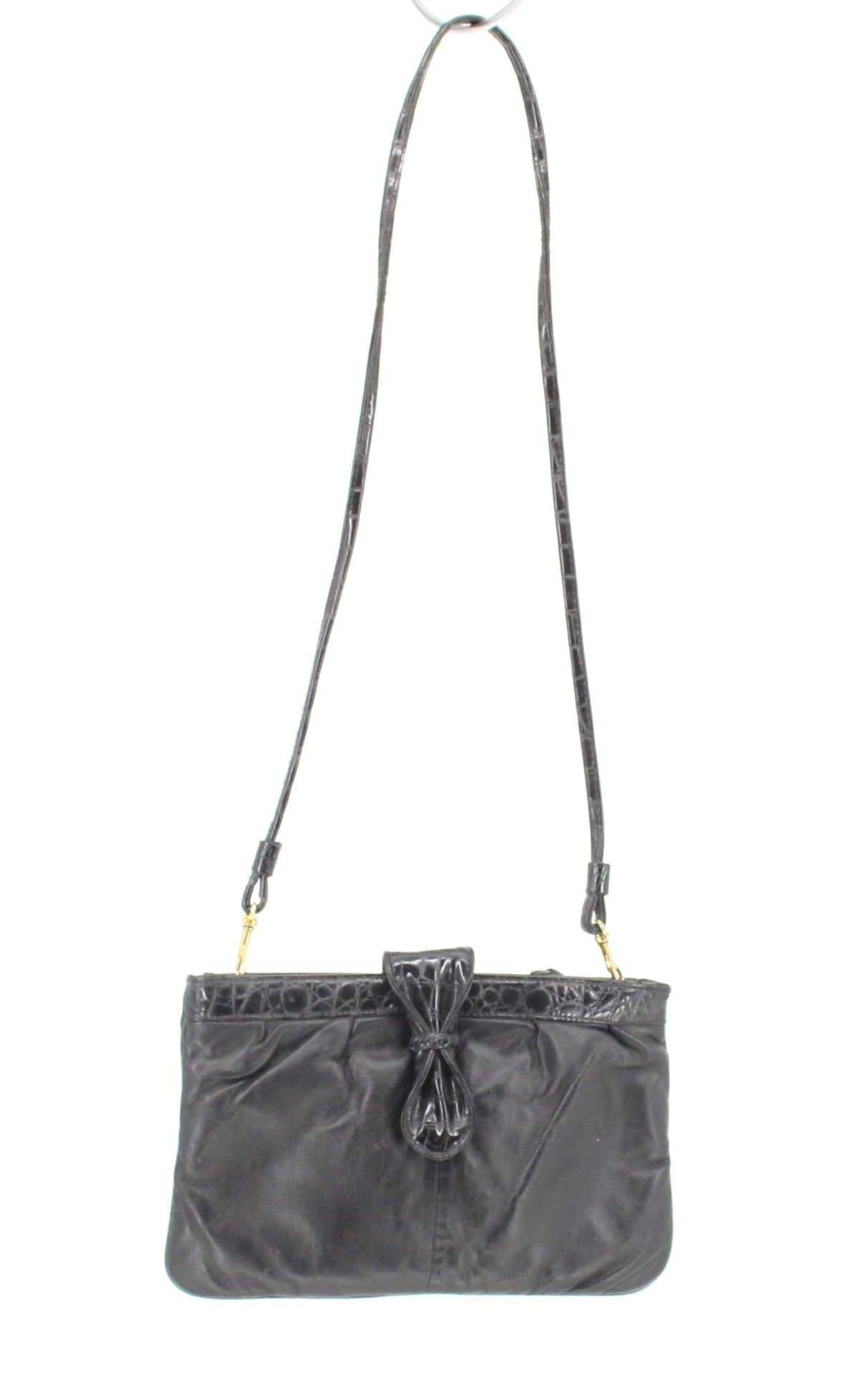 Black Vegan Leather Crossbody Snap Bag With Croco Details