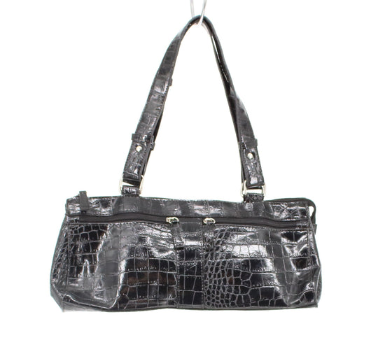 Black Croco Shoulder Bag With Zip Up Closure And Front Pockets